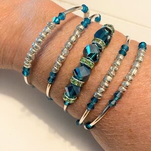 Handcrafted Teal Crystal Beaded Memory Wire Bracelet - Women's Jewelry